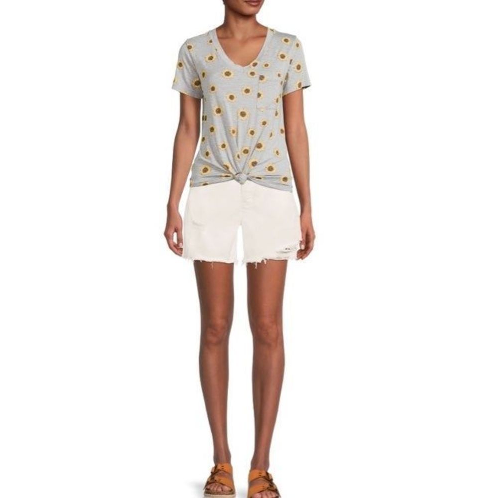 nwt no boundaries women's t shirt v neck sunflower scrunched front short sleeve - Picture 5 of 10